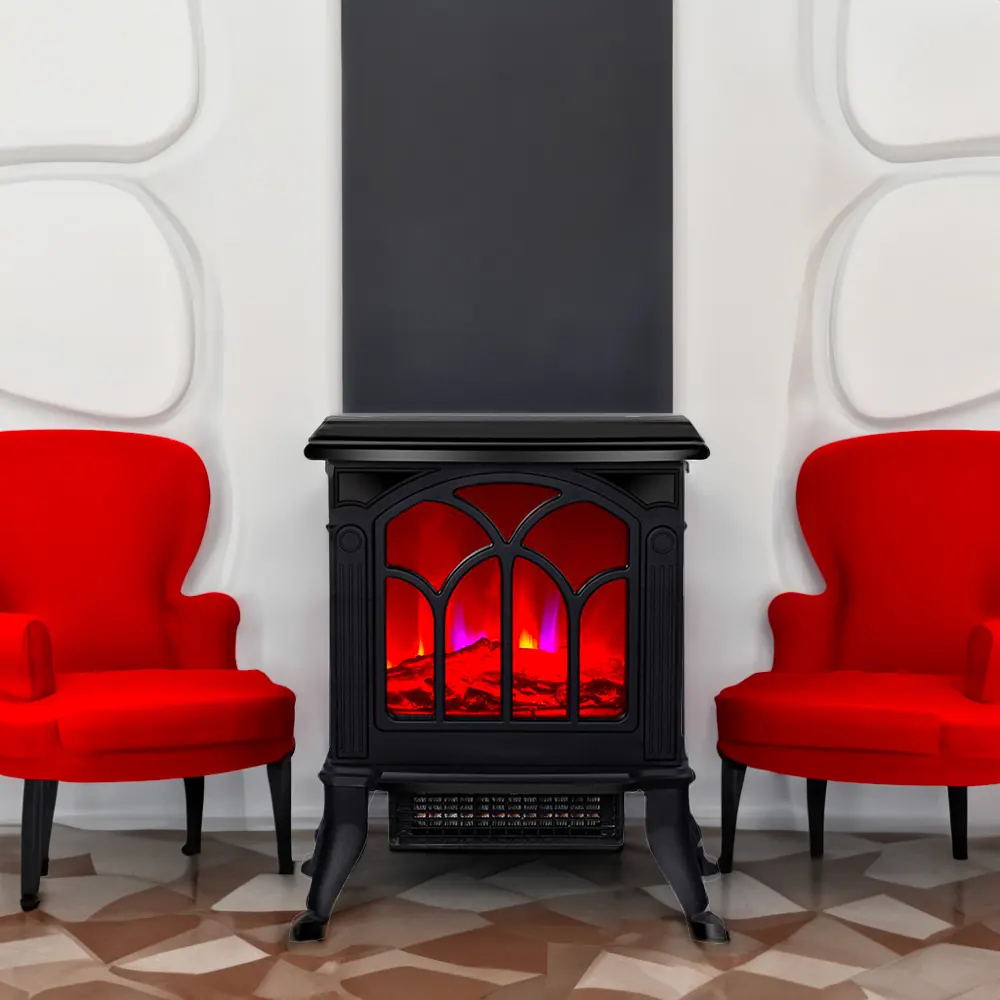 Kamin uključen između dvije crvene fotelje